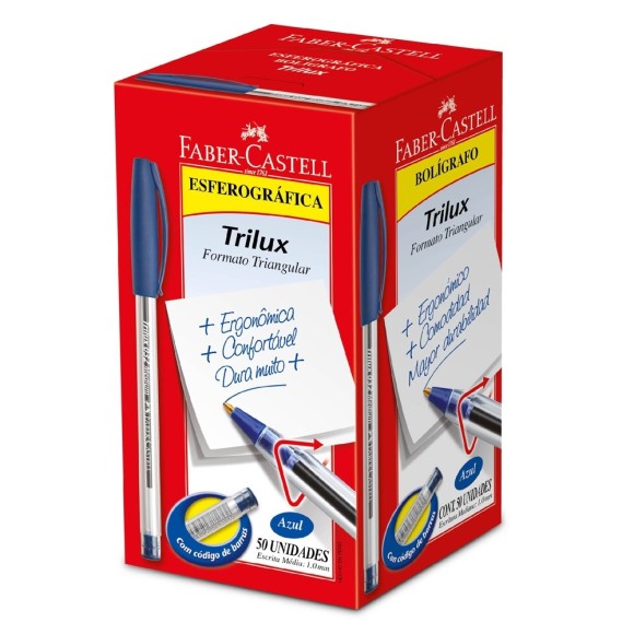 CANETA ESFEROGRÁFICA AZUL 1,0MM TRILUX CX 50 UNID  FABER CASTELL